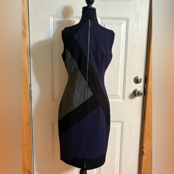 White House Black Market Asymmetrical Blue Gray Sheath Dress - Picture 5 of 12